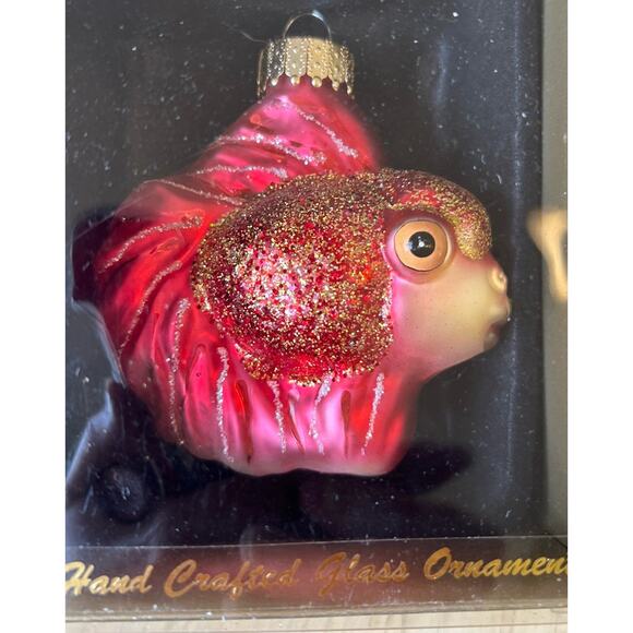Hand Crafted Blown Glass Xmas Ornament Gold Fish Red Glitter Sea Beach Christmas - Picture 2 of 8